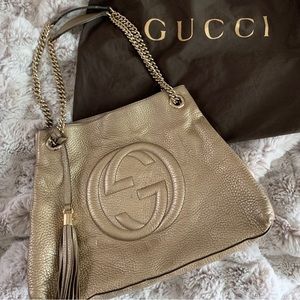 Gucci Soho Pebbled Leather Tassel Medium Chain Shoulder Bag Handbag Purse